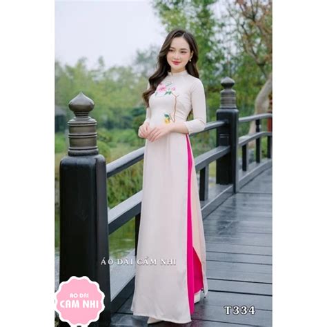 Áo dài truyền thống thêu hoa T334 áo dài tây thi màu nude Shopee Việt Nam
