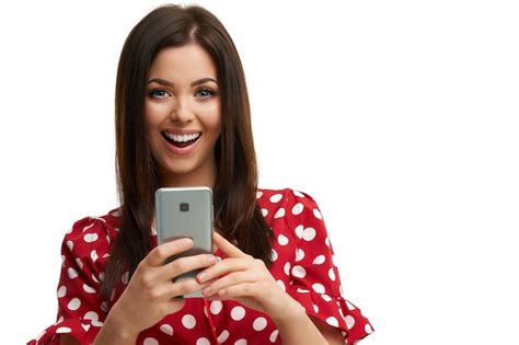 Premium Photo Caucasian Brunette Woman Using Smartphone Isolated Over White Background