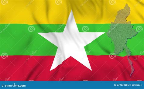 Mapa Emergente De Myanmar Y Ondear La Bandera De Myanmar En Segundo