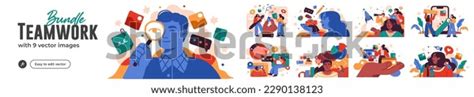 Business Teamwork Illustrations Collection Scenes Men Stock Vector