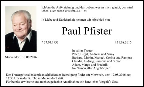 Paul Pfister Traueranzeige Trauer Infranken De