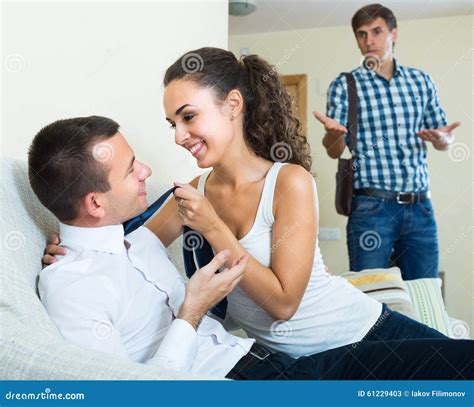 Man Seeing Girlfriend Cheating On Him Stock Image Image Of Domestic