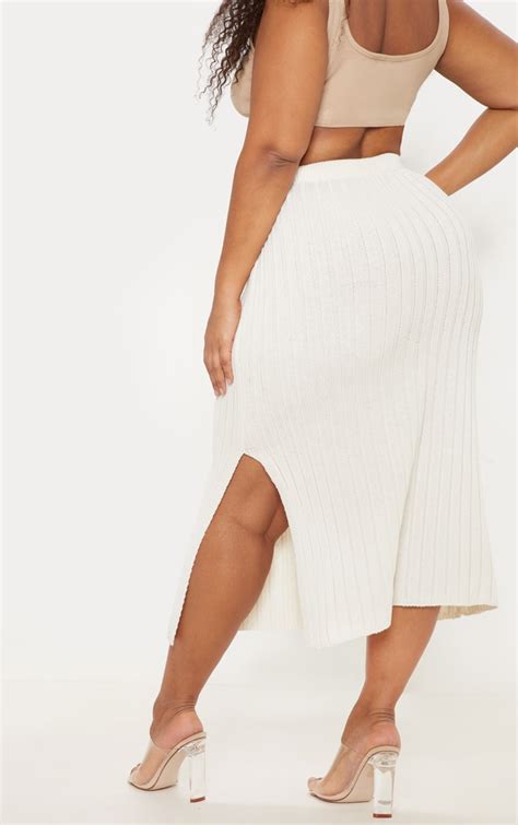 Plus Cream Knitted Ribbed Midi Skirt Prettylittlething Usa