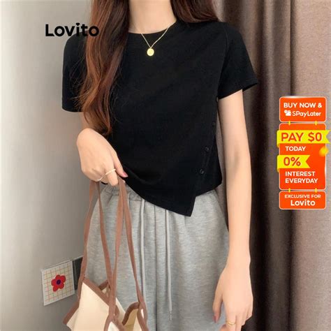 Lovito Casual Plain Split Round Neck Short Sleeves T Shirts For Women