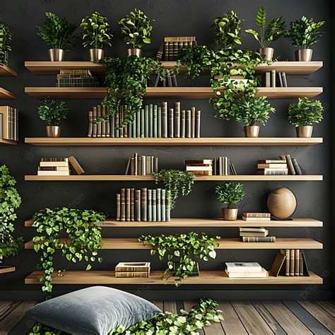 Latar BelakangDesain Interior Modern Dengan Rak Kayu Penuh Buku Dan