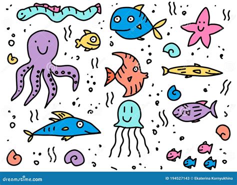 Fish In Doodle Style Hand Drawn Cute Cartoon Funny Fishes Octopus