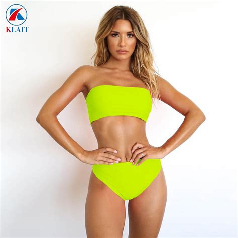 High Waisted Strapless Fluorescent Yellow Nylon Piece Bandeau Bikini Swimsuit And Swim Wear