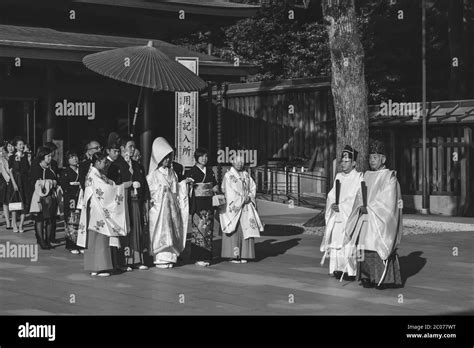 Traditional Japanese Wedding Ceremony In Kimonos In The Meiji Jingu