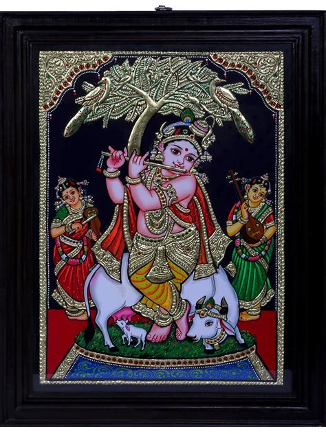 Baal Krishna Playing Flute With Cow Tanjore Painting Traditional