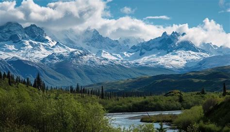 Premium Photo | Snowy mountains of Alaska landscape with forests ...