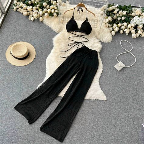 Mua Set Áo ren bikini đính ốc phối quần ren dài ống rộng thời trang thiết kế đi biển du lịch gợi