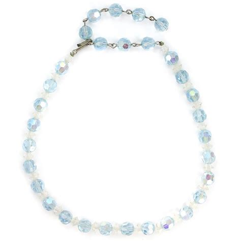 Vintage Pale Blue Clear Crystal Bead Necklace 1960s Aurora Borealis Faceted Crystal Beaded