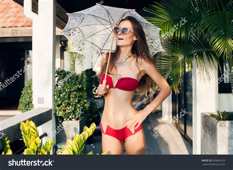 Beautiful Sexy Woman Red Bikini Swimsuit Stock Photo