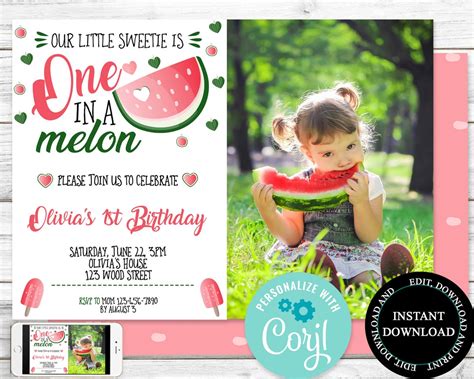 Editable Watermelon Invitation With Photo One In A Melon Etsy