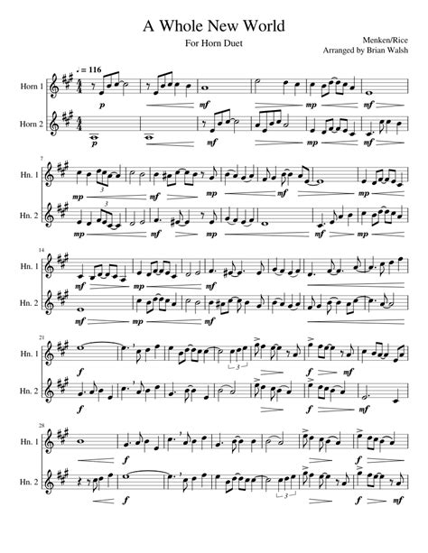 A Whole New World For Horn Duet Sheet Music For French Horn Brass Duet