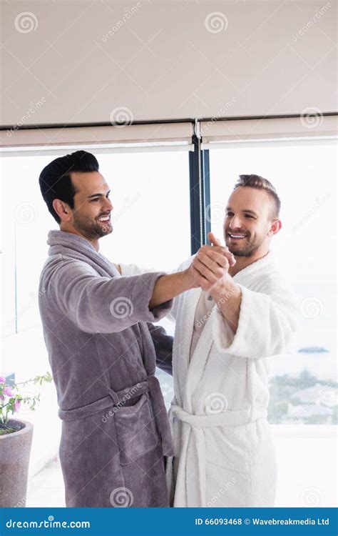 Happy Gay Couple Dancing Waltz In Bathrobe Stock Photo Image Of Hair
