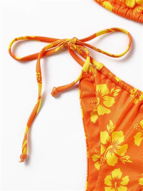 Emmiol Kostenloser Versand Geblümter Neckholder Dreieck Bikini Badeanzug Orange L von