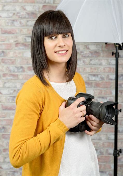 Attractive Brunette Woman With Photo Camera Stock Image Image Of Female Cute