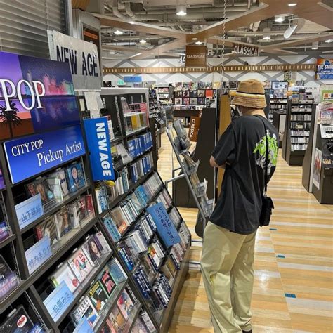 A Man Is Walking Down The Aisle Of A Book Store With His Back To The Camera