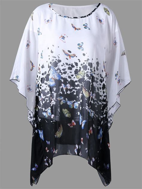 Plus Size Butterfly Sleeve Butterfly Print Blouse Whiteblack 3xl