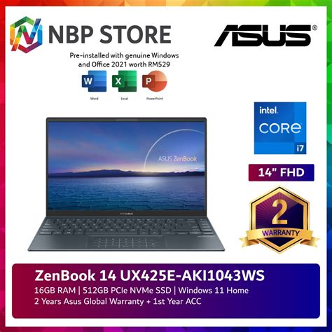 Asus ZenBook 14 UX425E-AKI1043WS 14'' FHD Laptop Pine Grey ( I7-1165G7 ...