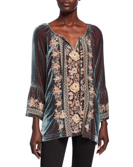 Johnny Was Marushka Floral Embroidered Velvet Flare Sleeve Top Neiman