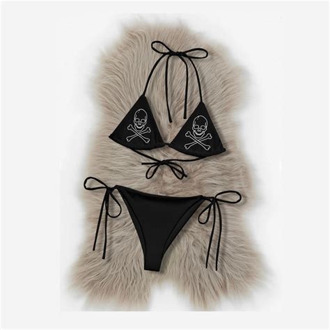 Goth Skull And Crossbones String Bikini Set Raver Two Piece All Over