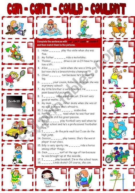 Can Cant Could Couldnt B W Key Included Esl Worksheet By