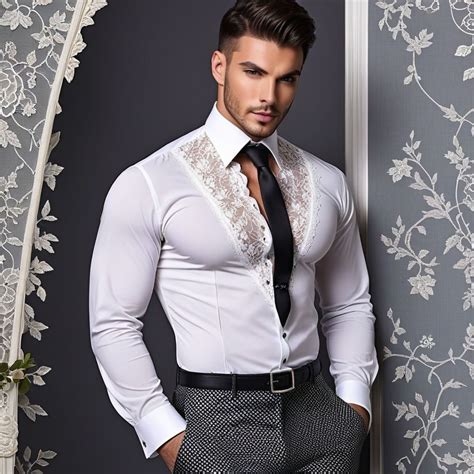Gay wearing lace dress shirt by D GÃMMER Playground Groom dress men Gay costume Scruffy men
