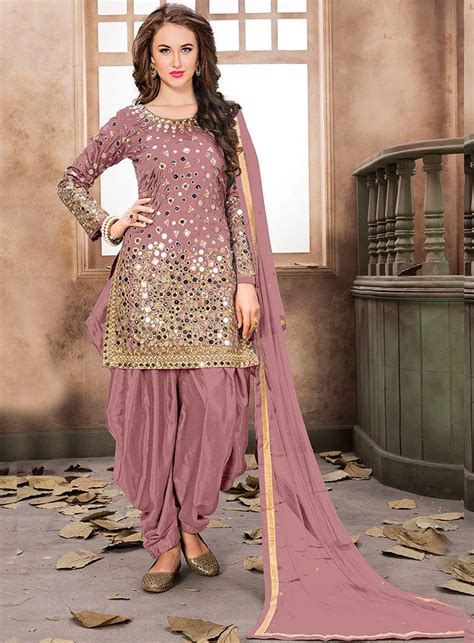 Embroidered Taffeta Silk Punjabi Suit In Old Rose Sut