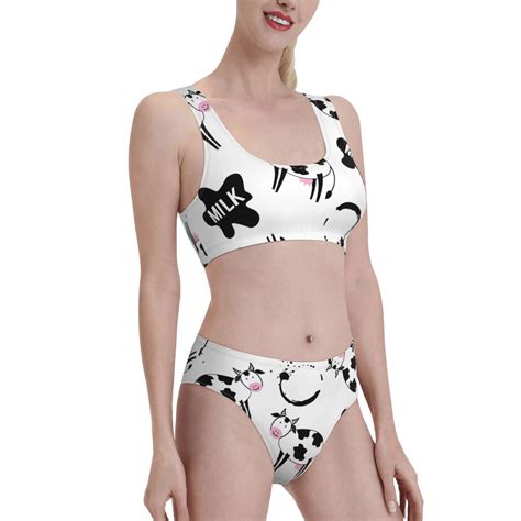 Naloa Cute Cow And Milk Stains Print Women High Waisted Two Piece Bikini Sports Crop Top