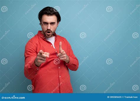 Stylish Smart European Brunette Year Old Man In A Shirt Shows His Hand To The Camera Stock