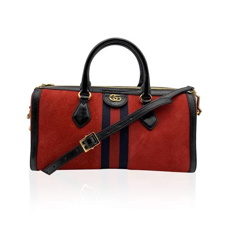 Gucci Rote Wildleder Lackleder Ophidia GG Boston Bag Handtasche