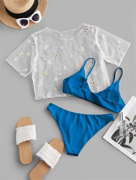 Zaful Sequined Star Mesh Low Waisted Three Pieces Bikini Swimwear Black