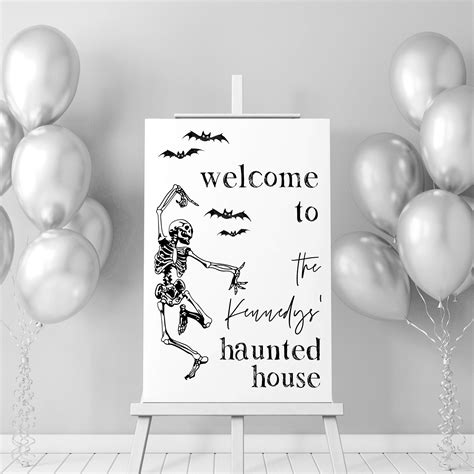 Halloween Party Dancing Skeleton Welcome Sign Template Printable Editable Haunted House Modern