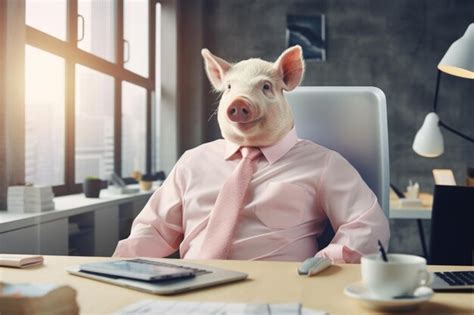 Premium Ai Image A Pig In A Pink Shirt With A Tie Sits At The Office