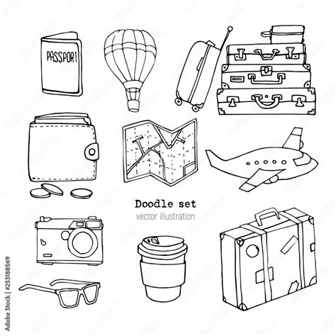 Set Of Cute Hand Drawn Travel Doodle Vacation Or Time To Travel