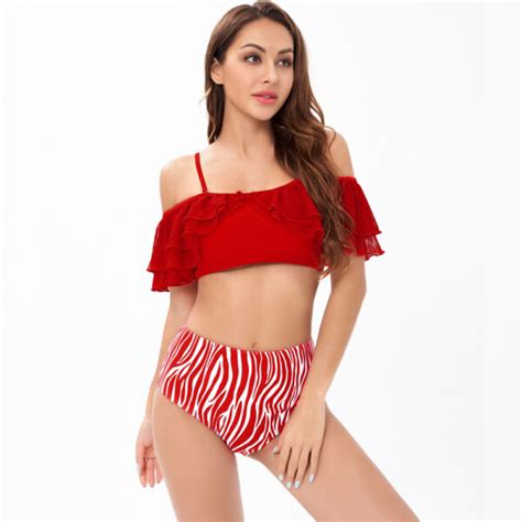 High Waist Ruffle Red Bikini Set Swimwear India