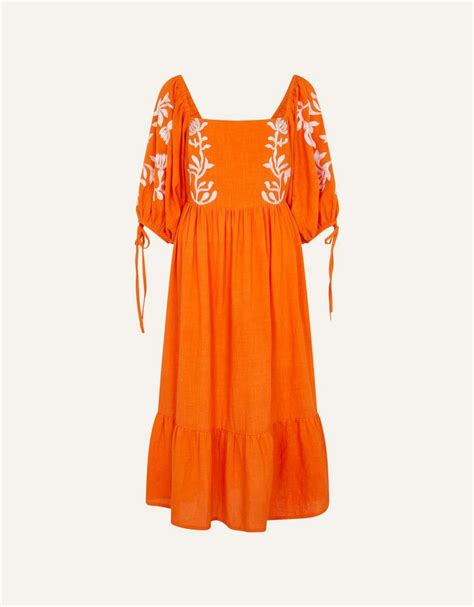 Beachwear Ornamental Print Embroidered Puff Sleeve Midi Dress