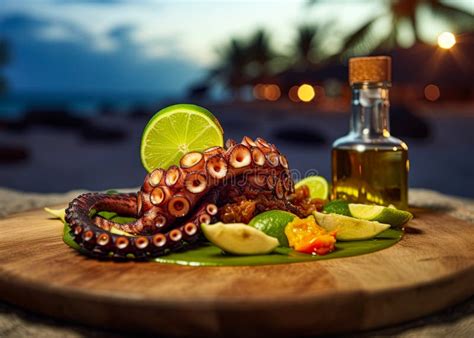 Grilled Octopus Served In The Restaurant For Dinner At Tropical Island