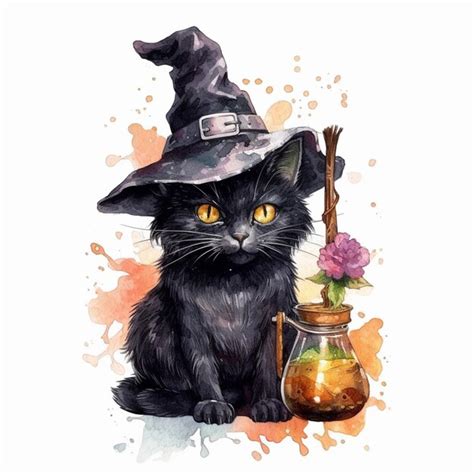 Premium Ai Image There Is A Black Cat Wearing A Witch Hat And Holding