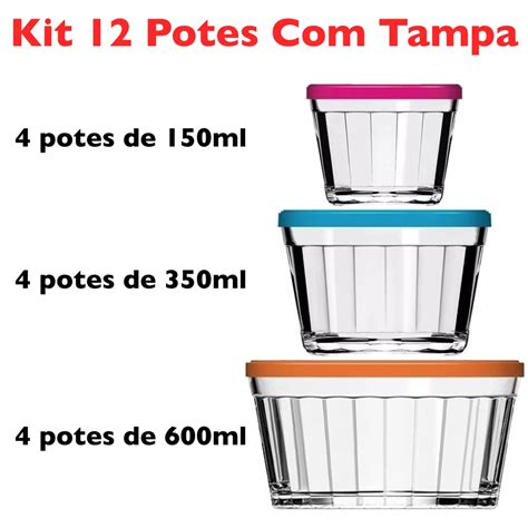 Kit 12 Potes De Vidro Americano Tampa 4x150ml 4x350ml E 4x600ml