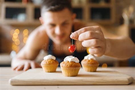 Naked Man In Apron Cooking Dessert On The Kitchen Stock Image Image Of Happy Handsome