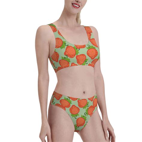 Noikeo Hand Drawn Strawberry Pattern Bikini Set For Women Two Piece Swimsuits Low Rise Bathing