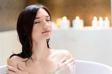Attractive Brunette Woman Enjoying Bath Stock Image Image Of Bathtub Beauty 67093045
