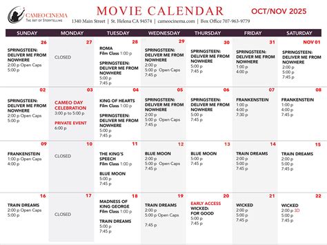 Movie Calendar at Cameo Cinema - movie times & tickets