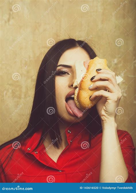 Hungry Pretty Brunette Woman Eats Big Sandwich Or Burger Stock Photo Image Of Eating Cheese