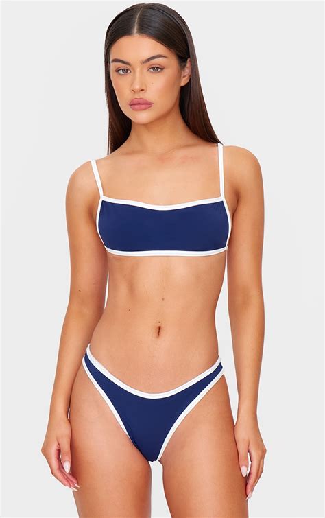 Navy Micro Bandeau Contrast Bikini Top Swimwear Plt Ca