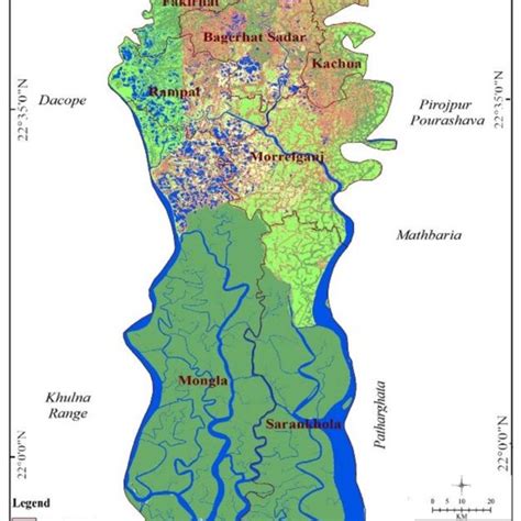 Map of the Bagerhat District showing the upazilas and major land-use ...