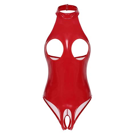 Womens Lingerie Cutout Patent Leather Cupless Open Chest Bodysuit Halter Neck Backless